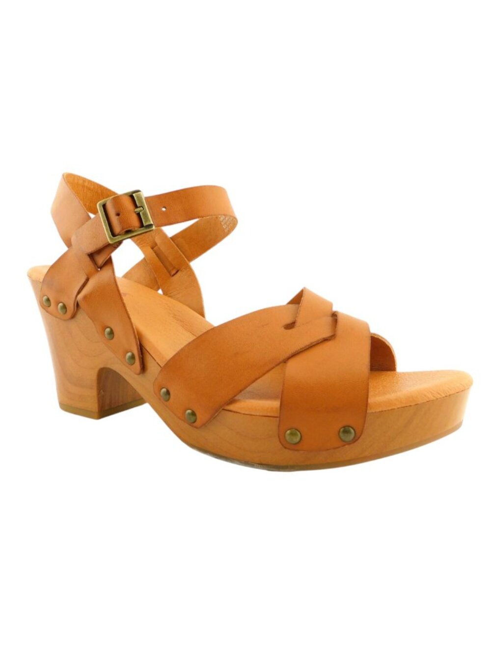 KORKS Natural Brown Crisscross Studded Block Heel Ankle Strap Sandals 8